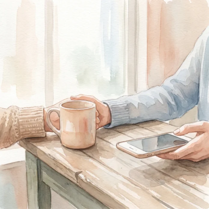 Une main pose un téléphone face contre table à côté d'une tasse chaude, lumière douce du matin.